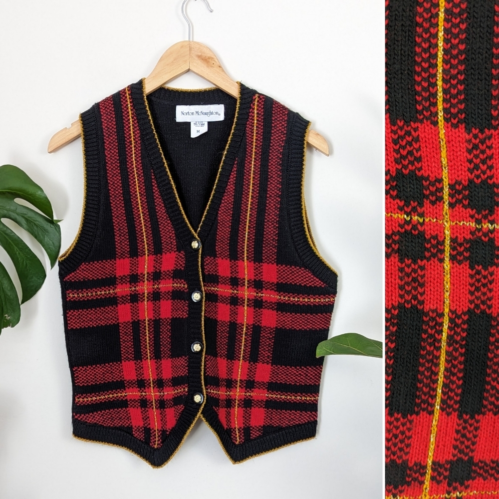 Norton McNaughton Red and Black Plaid Sweater Vest